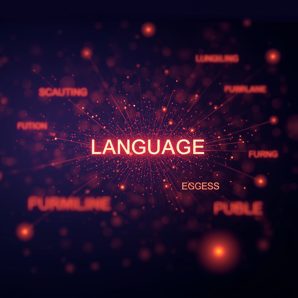 Natural language processing concept with floating glowing text particles and digital language nodes connecting, futuristic dark background, no people